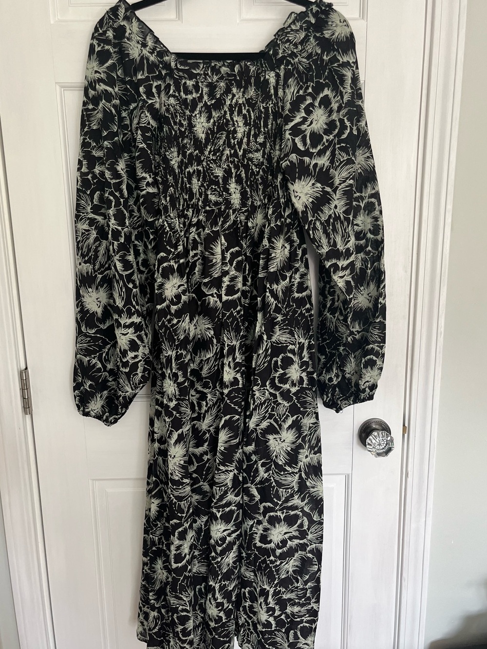 Mille Catherine Black Floral Smocked Midi Dress - Long Sleeve